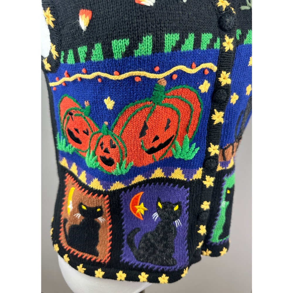 Hampshire Studio BOO! Halloween Sweater Vest Embroidered Pumpkin Black Cat M - Picture 12 of 15